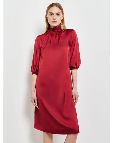 Misook Pleated Mock Neck Crepe De Chine A-line Dress - Red