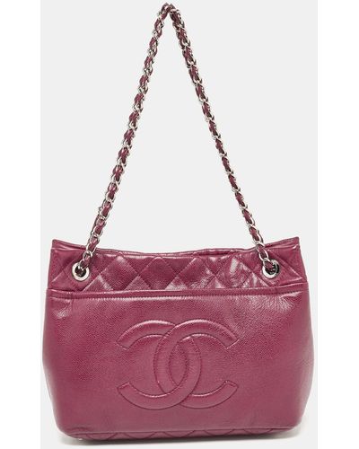 Chanel Dark Quilted Caviar Leather Cc Timeless Tote - Purple