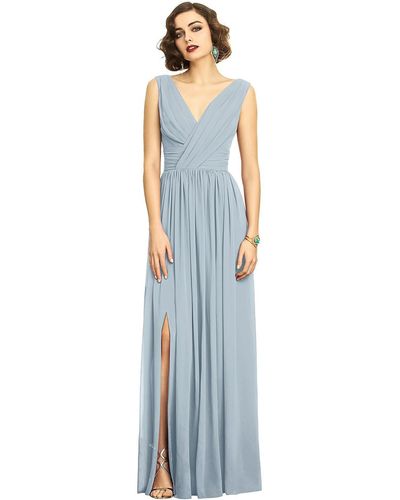 Dessy Collection Sleeveless Draped Chiffon Maxi Dress With Front Slit - Blue
