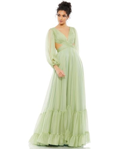 Mac Duggal Pleated Cut Out Long Sleeve Lace Up Tiered Gown - Green