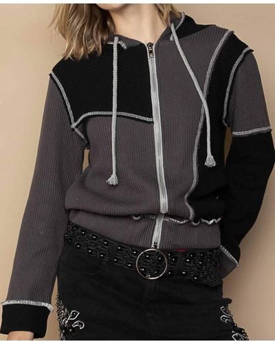 Pol Thermal Knit Contrast Stitch Zip Up Hoodie - Black