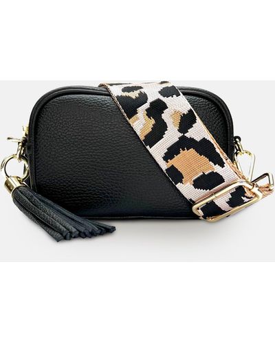 Apatchy London The Mini Tassel Leather Phone Bag With Pale Pink Leopard Strap - Black