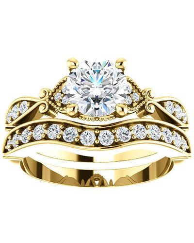 Pompeii3 1 1/2ct Diamond Vintage Engagement Matching Wedding Ring Set 14k Gold Yellow - Metallic