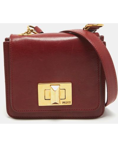 Emilio Pucci Leather Trunlock Flap Crossbody Bag - Red