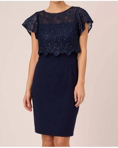 Adrianna Papell Sequined Guipure Lace Popover Sheath Dress - Blue