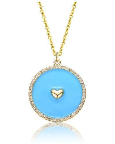 Rachel Glauber 14k Yellow Gold Plated With Clear Cubic Zirconia And Colored Enamel Round Pendant - Blue