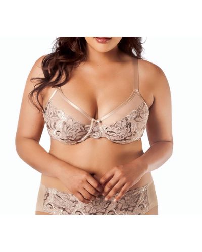 Curvy Couture Pearl Lotus Embroidered Underwire Bra - Brown