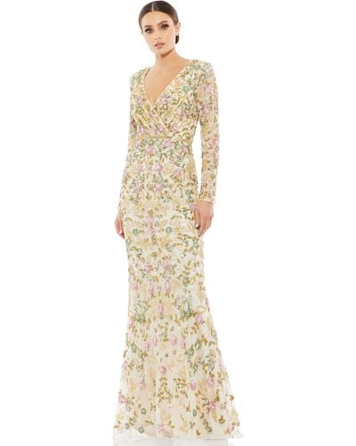 Mac Duggal Long Sleeve Floral Embellished Gown - Metallic