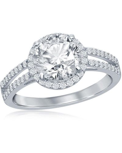 Simona Sterling Round Halo Cz Double Open Band Engagement Ring - Metallic