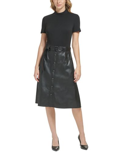 Karl Lagerfeld Faux Leather Trim Midi Sheath Dress - Black