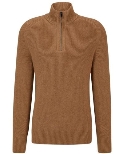 BOSS Camel-hair Sweater With Zip Neckline - Brown