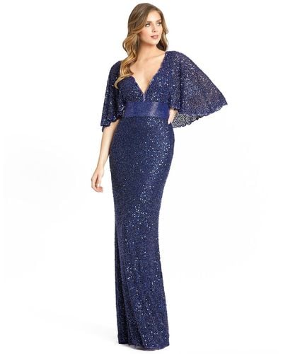Mac Duggal Sequined V-neck Cape Sleeve Beaded Waist Gown - Blue