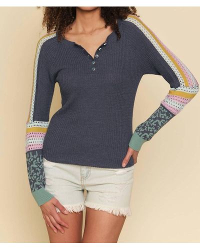 Mystree Weaving Contrast Sweater Henley Top - Blue