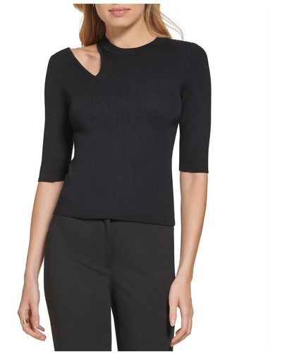 DKNY Shoulder Cut-out Ribbed Pullover Top - Black