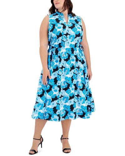 Anne Klein Plus Floral Print Fit & Flare Dress - Blue