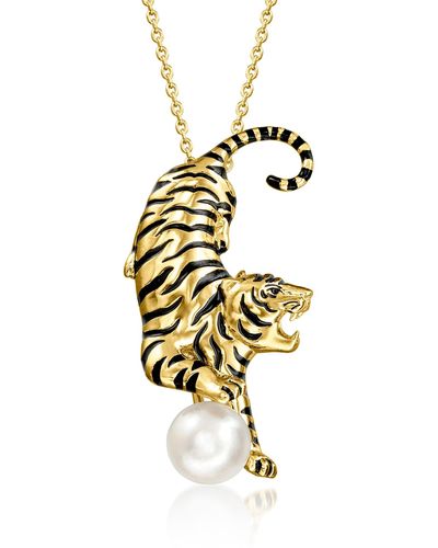 Ross-Simons 18kt Over Sterling And Black Enamel Tiger Pin/pendant Necklace With 8-8.5mm Cultured Pearl - Metallic