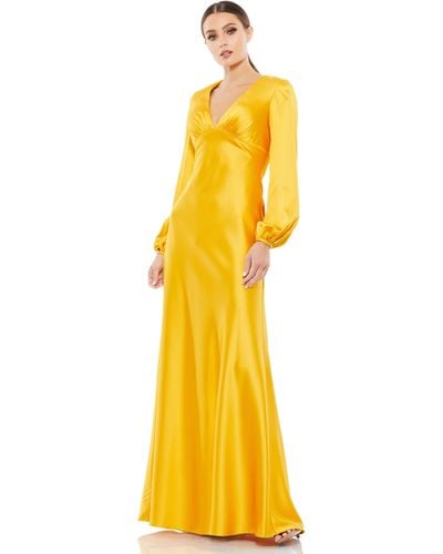 Ieena for Mac Duggal Charmeuse Empire Waist Blouson Sleeve Gown - Yellow