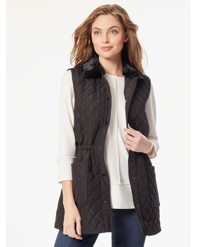 Jones New York Plus Size Snap Front Quilted Fur Collar Vest - Black
