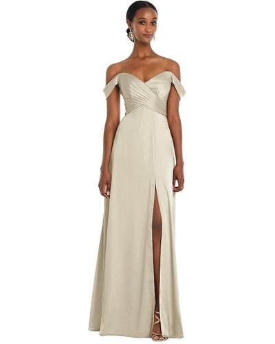 Dessy Collection Off-the-shoulder Flounce Sleeve Empire Waist Gown With Front Slit - Natural