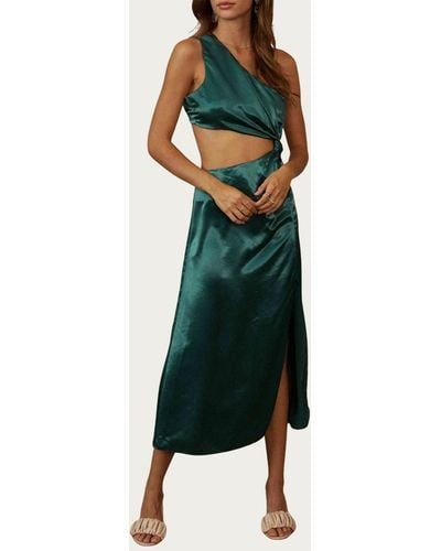 Endless Blu. One-shoulder Satin Cutout Midi Dress - Green