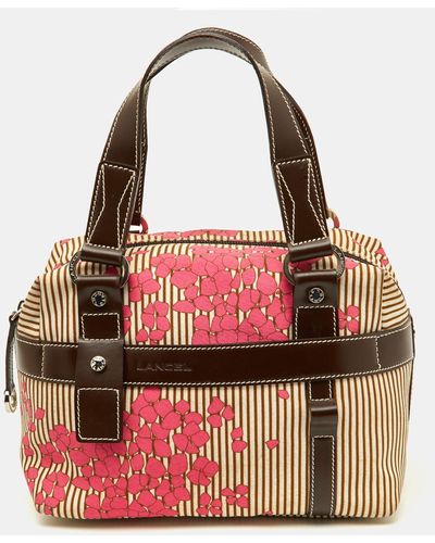 Lancel Color Floral Fabric And Leather Zip Satchel - Red