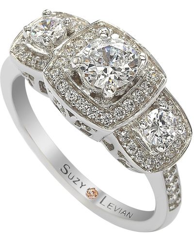 Suzy Levian Sterling Cubic Zirconia White Three Stones Halo Engagement Ring - Metallic