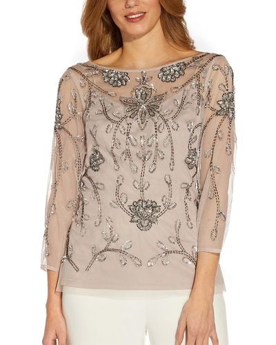 Adrianna Papell Hand-beaded Illusion Blouse - Brown