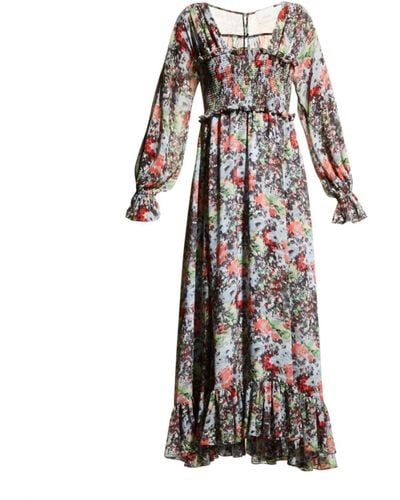 Cinq À Sept Leigh Floral Square Neck Long Sleeve Smocked Maxi Length Dress Multi - Multicolor