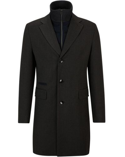 BOSS Water-repellent Wool-blend Coat With Zip-up Inner - Black