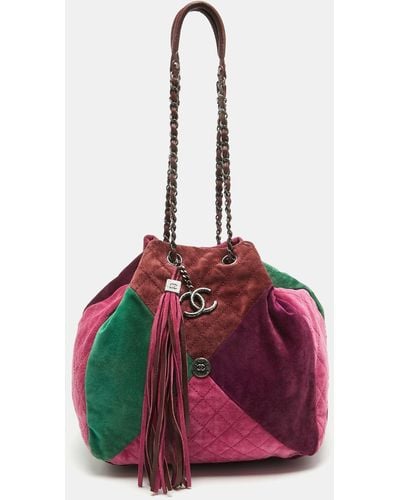 Chanel Color Quilted Suede Patchwork Drawstring Bucket Bag - Pink