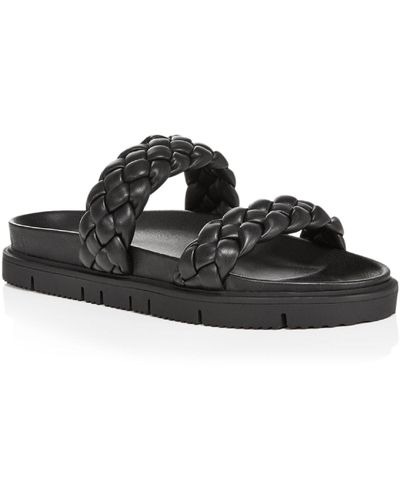 Aqua Brade Faux Leather Slides Platform Sandals - Black