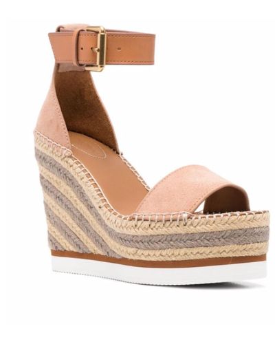 See By Chloé Glyn Platform Espadrille Wedge Leather Suede Sandals - Natural