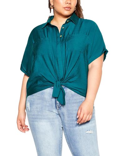 City Chic Plus Collared Front Tie Button-down Top - Blue