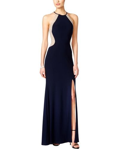 Xscape Halter Slit Evening Dress - Blue