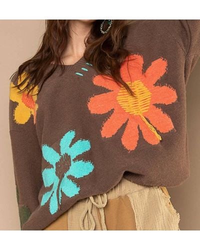 Pol Happy Days V-neck Floral Sweater With Fringe Details - Orange