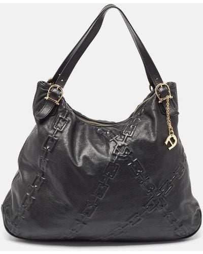 Aigner Chain Embossed Leather Hobo - Black
