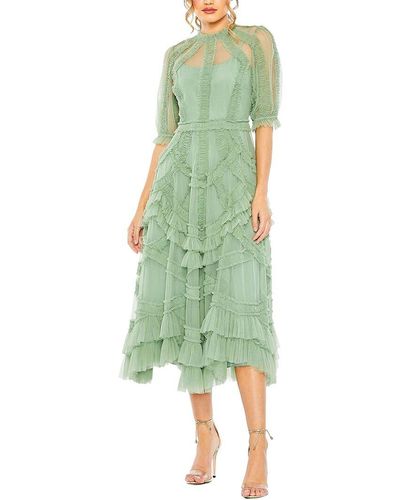 Mac Duggal High Neck Puff Sleeve Ruffle Tiered Dress - Green