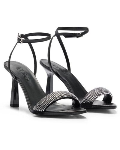 HUGO Napa-leather Sandals With Crystal-embellished Straps - Black