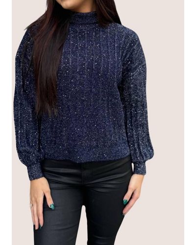 Molly Bracken Stand Collar Sweater With Puff Sleeves - Blue