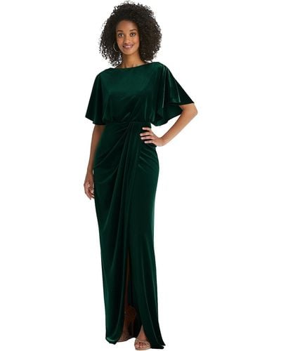 After Six Flutter Sleeve Open-back Velvet Maxi Dress With Draped Wrap Skirt - Green
