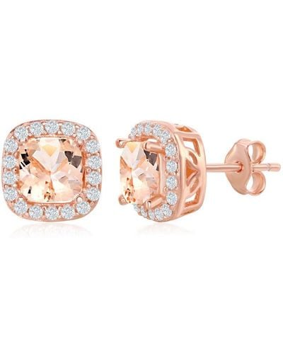 Simona Sterling Silver Square Morganite Cz With White Cz Border Earrings - Rose Gold Plated - Pink