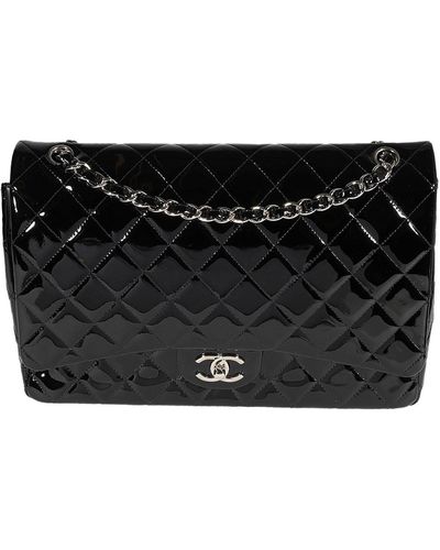 Chanel Quilted Patent Leather Maxi Classic Double Flap Bag - Black