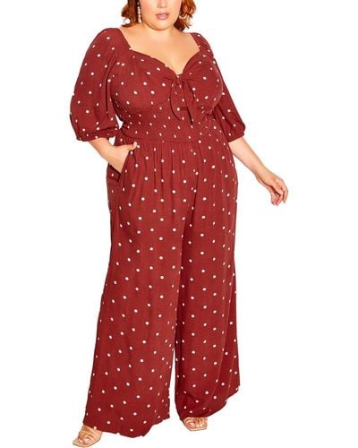 City Chic Plus Woven Polka Dot Jumpsuit - Red