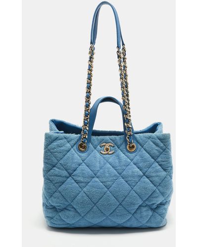 Chanel Light Quilted Terry Cloth Coco Beach Shopper Tote - Blue