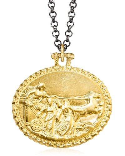 Ross-Simons Sterling Silver And 18kt Yellow Over Sterling Ancient Greek Scene Medallion Pendant Necklace With Black Rhodium - Metallic
