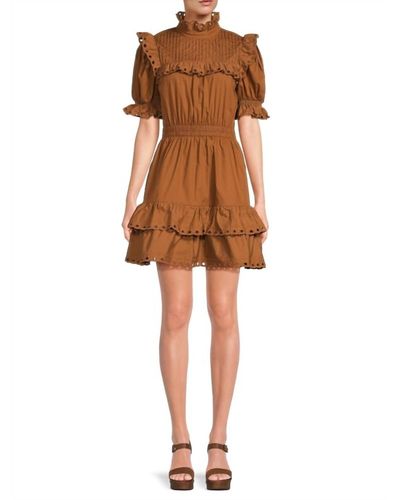 Stellah Lace Trim Puff Sleeve Mini Dress - Brown