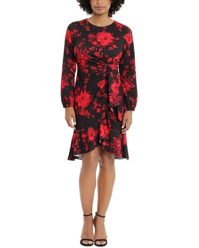 London Times Knit Floral Fit & Flare Dress - Red