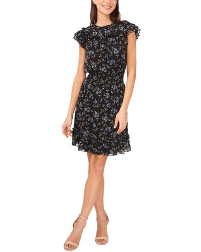 Cece Floral Print Flutter Sleeve Fit & Flare Dress - Black