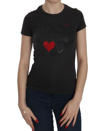 Exte Hearts Print Short Sleeve Casual Shirt Top - Black