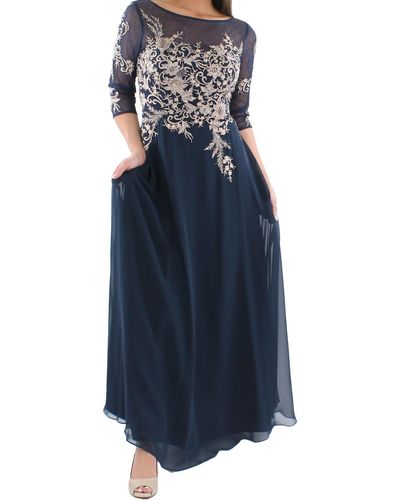 Betsy & Adam Mesh Embroidered Evening Dress - Blue